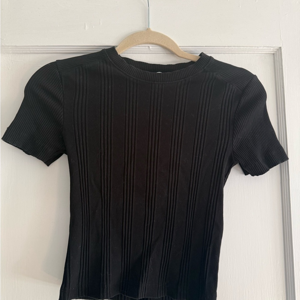 Zara Black Ribbed Short Sleeve Top